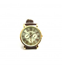 dk Gents Wrist Watch with Leather Belt, Gold Color Dial, Light Golden Background Display